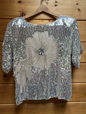 Vintage Jean for Joseph Le Bon Cream Silk silver beaded Sequin Floral shirt M